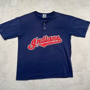 Vintage Y2K‎ Augusta Cleveland Indians T-Shirt Youth L Baseball Henley Tee # 7